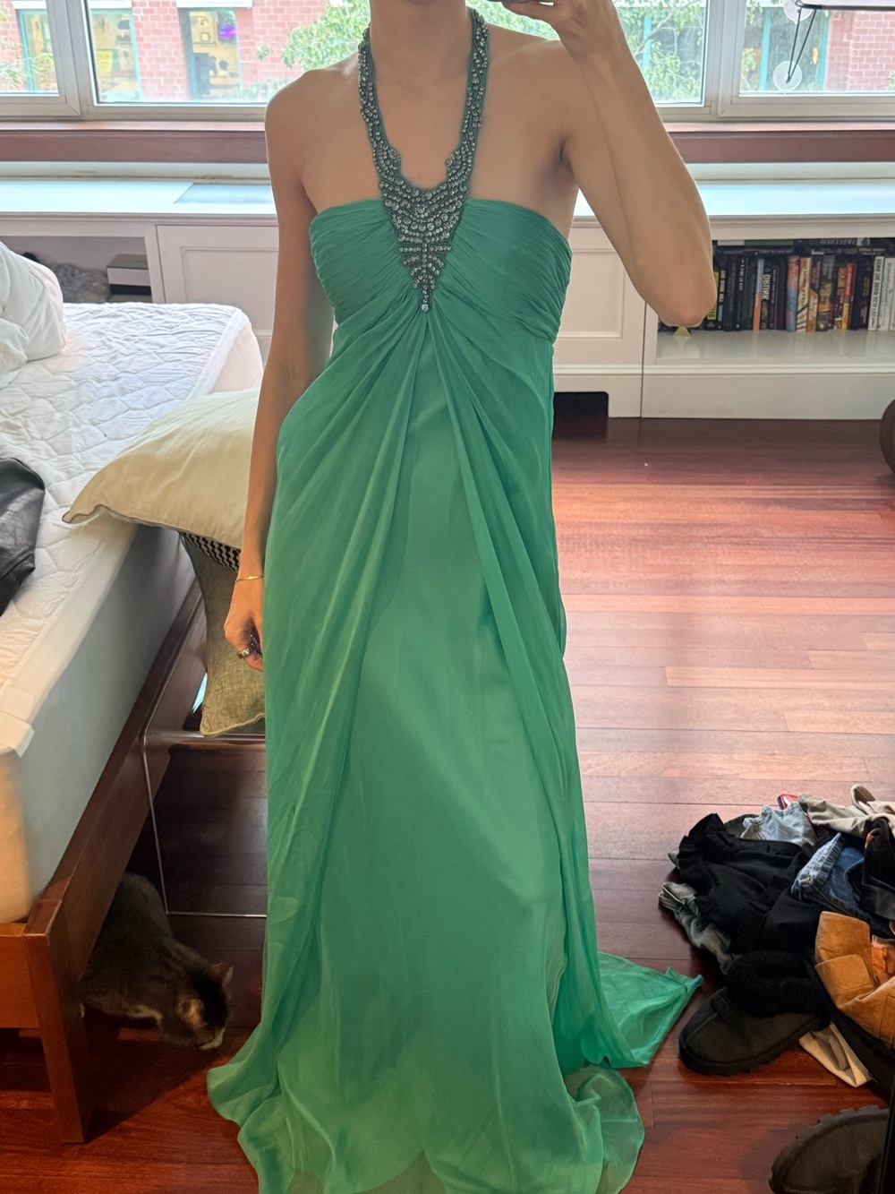 Cache Strapless Teal Beaded Halter Evening Gown